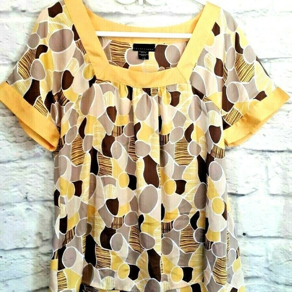 Apostrophe Brown Yellow Polka Dot Cap Sleeve Top - Picture 1 of 6